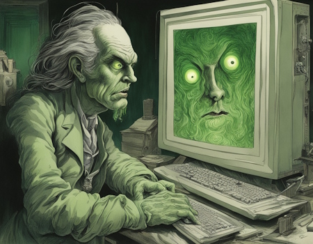 AI image of guy looking at spooky mirror screen